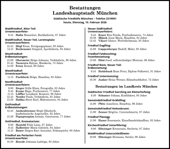 Traueranzeige von Bestattungen vom 10.02.2026 von Süddeutsche Zeitung