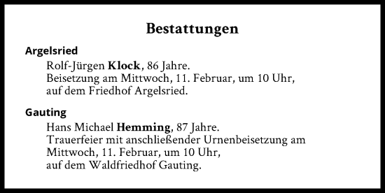 Traueranzeige von Bestattungen vom 11.02.2026 von Süddeutsche Zeitung