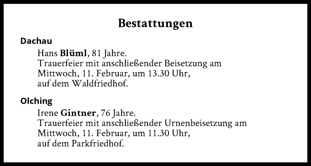  Traueranzeige für Bestattungen vom 11.02.2026 vom 11.02.2026 aus Süddeutsche Zeitung