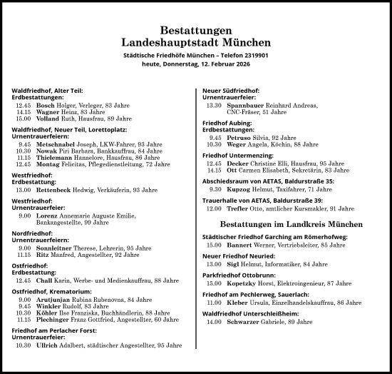 Traueranzeige von Bestattungen vom 12.02.2026 von Süddeutsche Zeitung