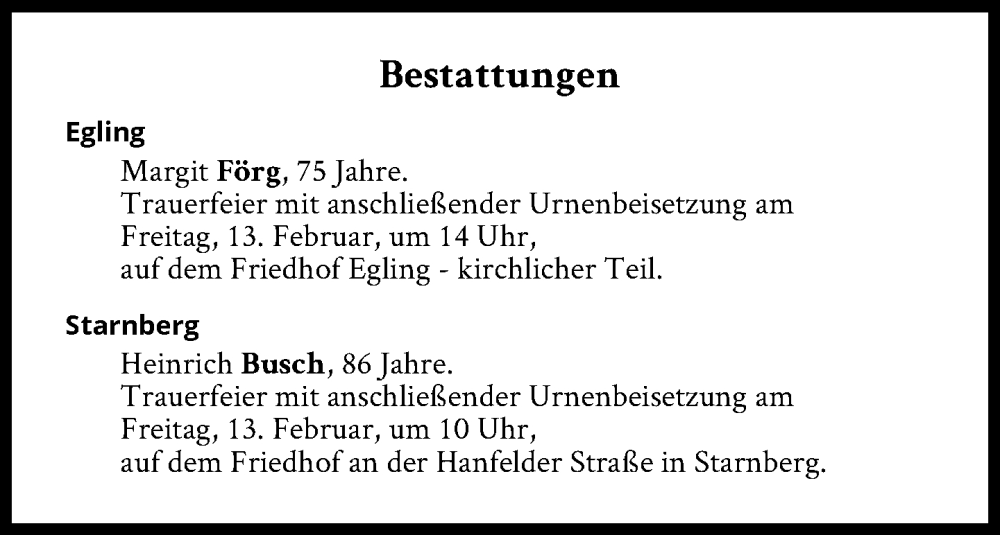  Traueranzeige für Bestattungen vom 13.02.2026 vom 13.02.2026 aus Süddeutsche Zeitung