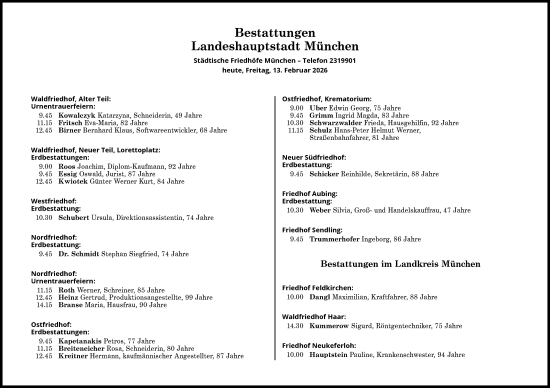 Traueranzeige von Bestattungen vom 13.02.2026 von Süddeutsche Zeitung