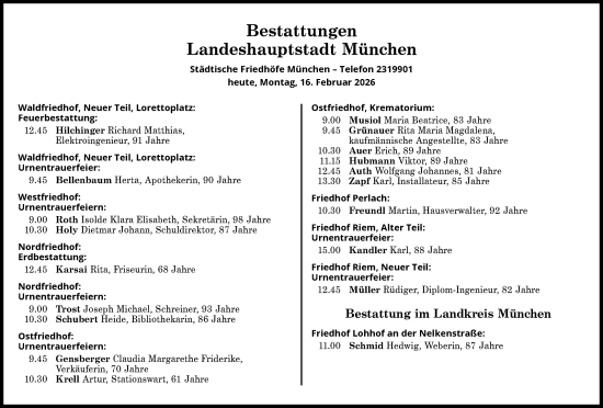 Traueranzeige von Bestattungen vom 16.02.2026 von Süddeutsche Zeitung
