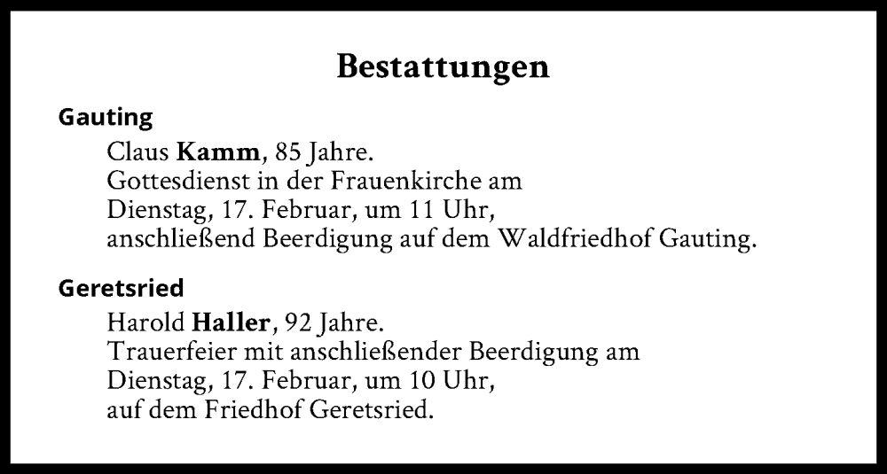  Traueranzeige für Bestattungen vom 17.02.2026 vom 17.02.2026 aus Süddeutsche Zeitung