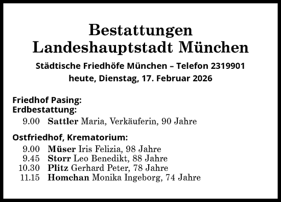 Traueranzeige von Bestattungen vom 17.02.2026 von Süddeutsche Zeitung
