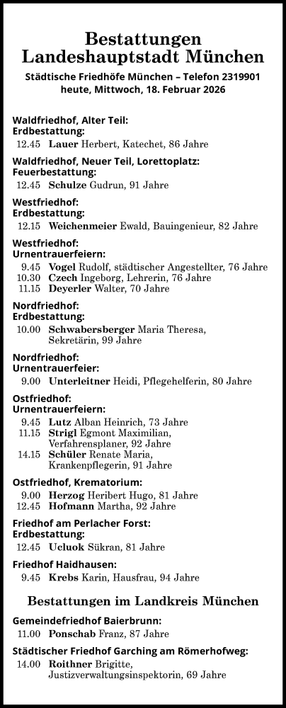 Traueranzeige von Bestattungen vom 18.02.2026 von Süddeutsche Zeitung