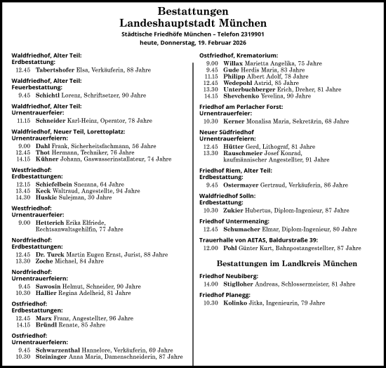 Traueranzeige von Bestattungen vom 19.02.2026 von Süddeutsche Zeitung