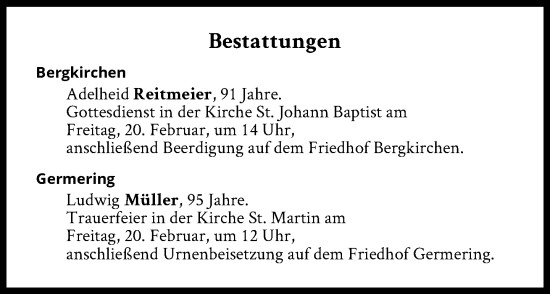 Traueranzeige von Bestattungen vom 20.02.2026 von Süddeutsche Zeitung