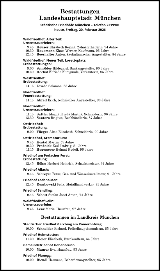 Traueranzeige von Bestattungen vom 20.02.2026 von Süddeutsche Zeitung
