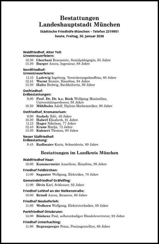 Traueranzeige von Bestattungen vom 30.01.2026 von Süddeutsche Zeitung