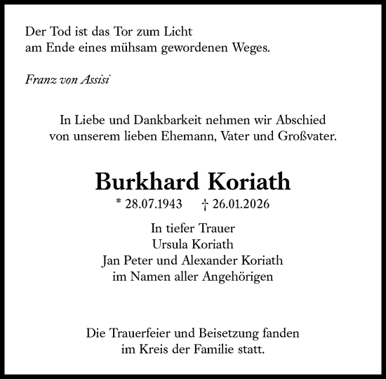 Traueranzeige von Burkhard Koriath von Süddeutsche Zeitung