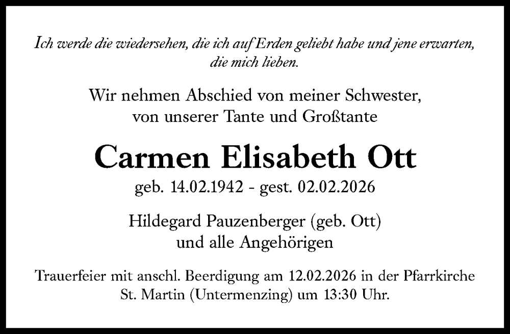  Traueranzeige für Carmen Elisabeth Ott vom 07.02.2026 aus Süddeutsche Zeitung