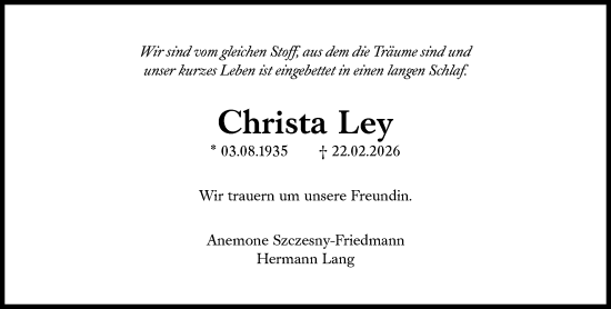 Traueranzeige von Christa Ley von Süddeutsche Zeitung