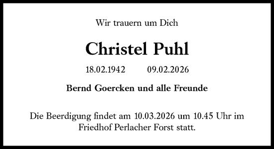 Traueranzeige von Christel Puhl von Süddeutsche Zeitung