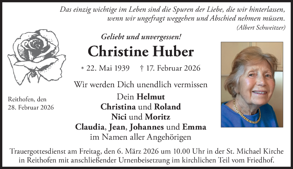  Traueranzeige für Christine Huber vom 28.02.2026 aus Süddeutsche Zeitung