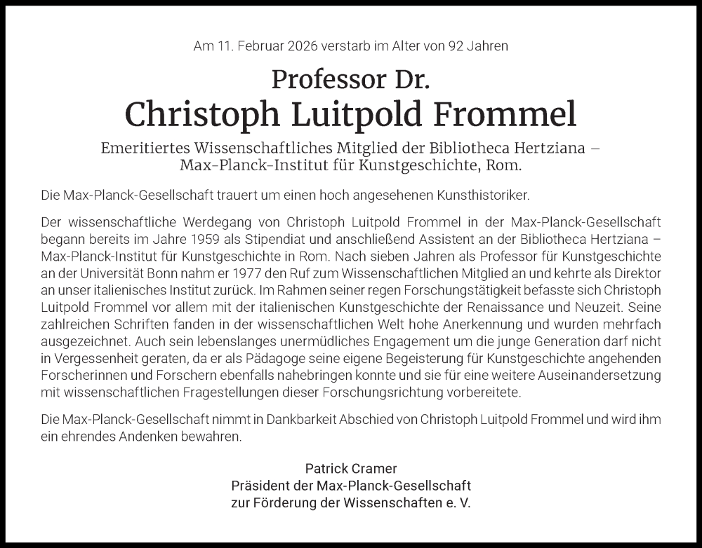  Traueranzeige für Christoph Luitpold Frommel vom 28.02.2026 aus Süddeutsche Zeitung