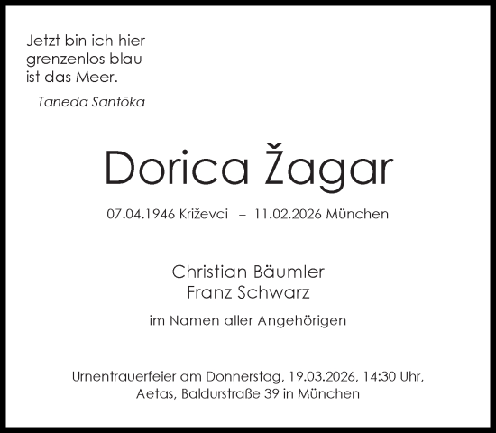 Traueranzeige von Dorica Žagar von Süddeutsche Zeitung