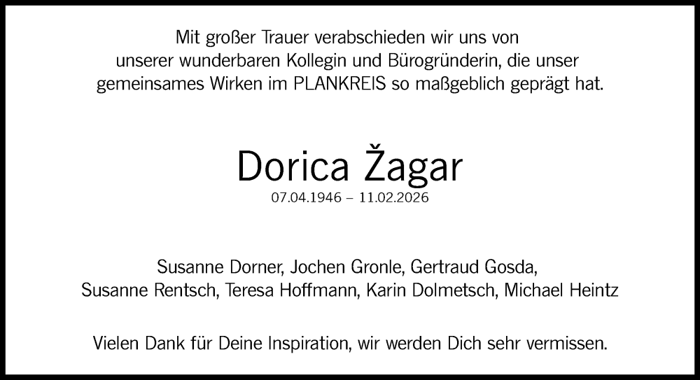  Traueranzeige für Dorica Žagar vom 21.02.2026 aus Süddeutsche Zeitung