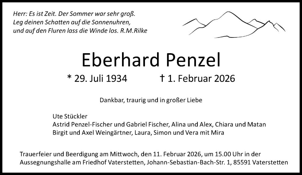  Traueranzeige für Eberhard Penzel vom 07.02.2026 aus Süddeutsche Zeitung