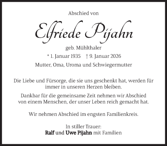 Traueranzeige von Elfriede Pijahn von Süddeutsche Zeitung
