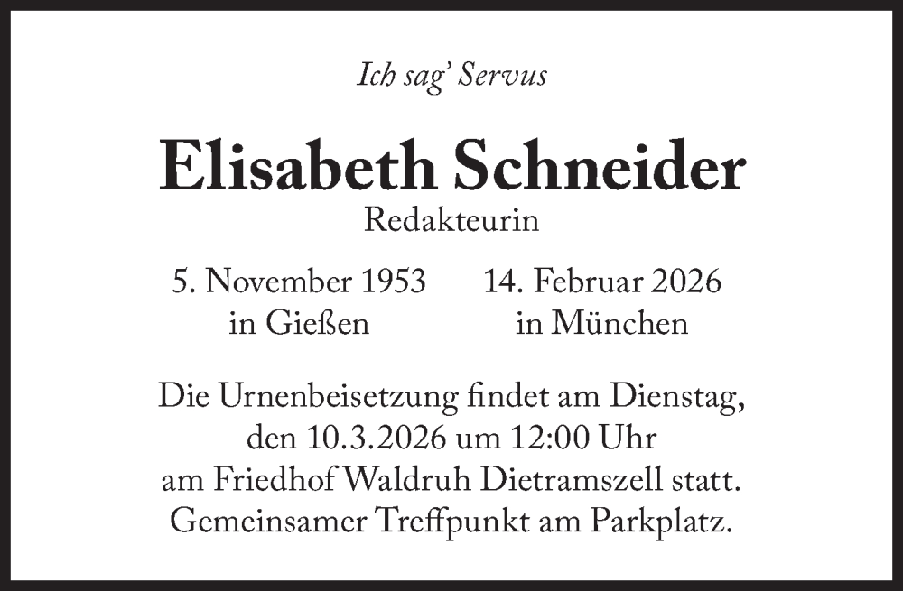  Traueranzeige für Elisabeth Schneider vom 21.02.2026 aus Süddeutsche Zeitung