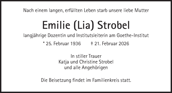 Traueranzeige von Emilie Strobel von Süddeutsche Zeitung