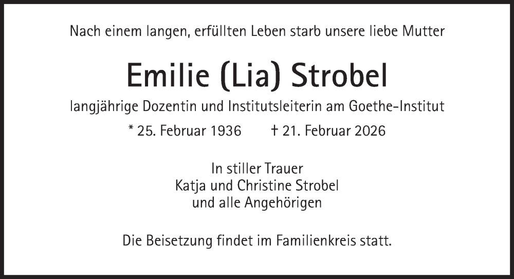  Traueranzeige für Emilie Strobel vom 28.02.2026 aus Süddeutsche Zeitung