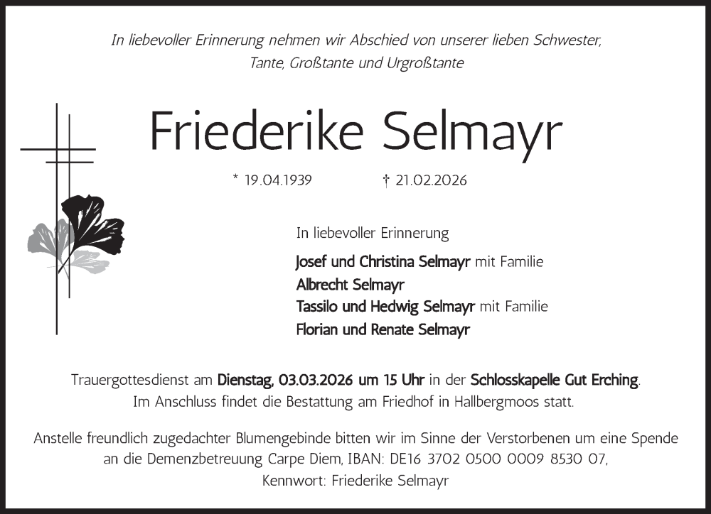  Traueranzeige für Friederike Selmayr vom 28.02.2026 aus Süddeutsche Zeitung