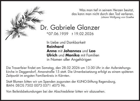 Traueranzeige von Gabriele Glanzer von Süddeutsche Zeitung