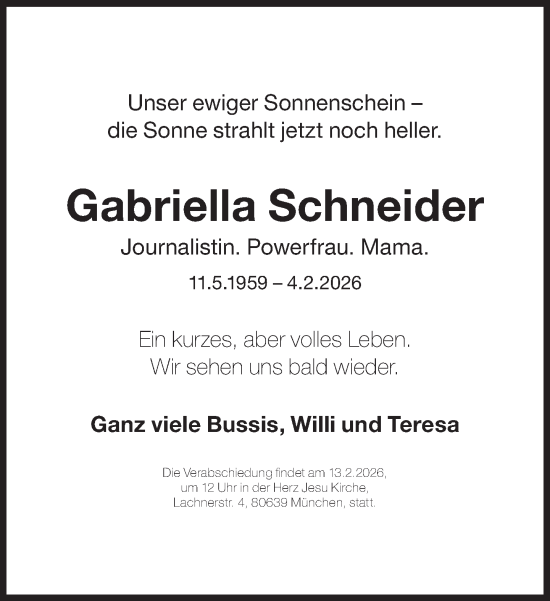 Traueranzeige von Gabriella Schneider von Süddeutsche Zeitung