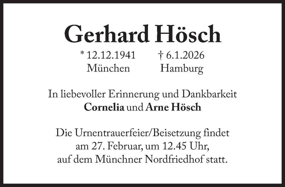  Traueranzeige für Gerhard Hösch vom 25.02.2026 aus Süddeutsche Zeitung