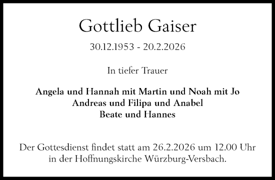 Traueranzeige von Gottlieb Gaiser von Süddeutsche Zeitung
