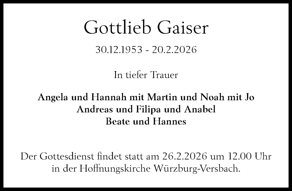  Traueranzeige für Gottlieb Gaiser vom 24.02.2026 aus Süddeutsche Zeitung