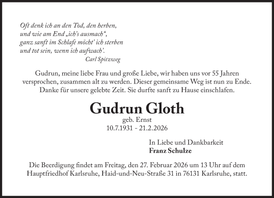 Traueranzeige von Gudrun Gloth von Süddeutsche Zeitung