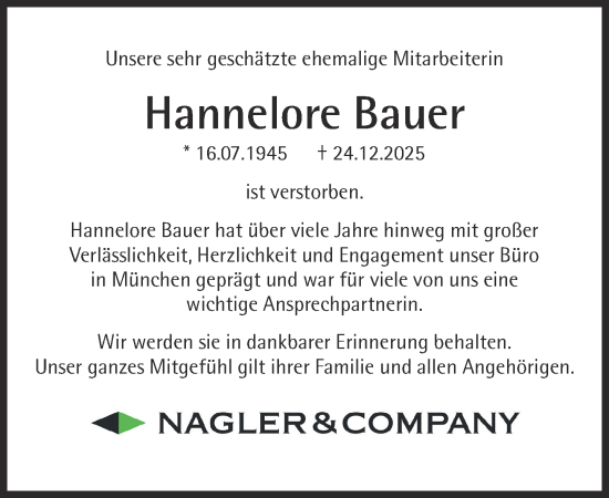 Traueranzeige von Hannelore Bauer von Süddeutsche Zeitung