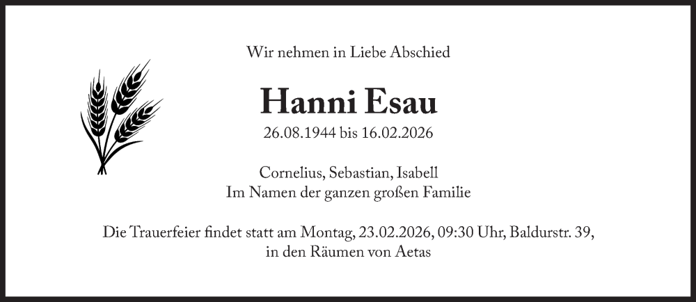 Traueranzeige für Hanni Esau vom 20.02.2026 aus Süddeutsche Zeitung