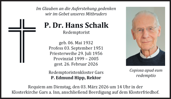Traueranzeige von Hans Schalk von Süddeutsche Zeitung