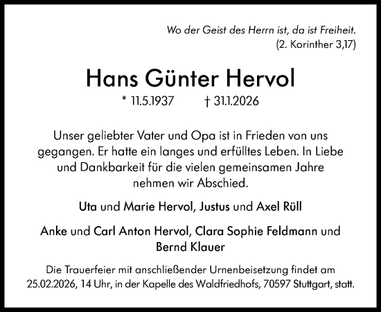 Traueranzeige von Hans Günter Hervol von Süddeutsche Zeitung