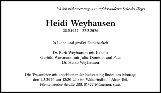Traueranzeige von Heidi Weyhausen von Süddeutsche Zeitung