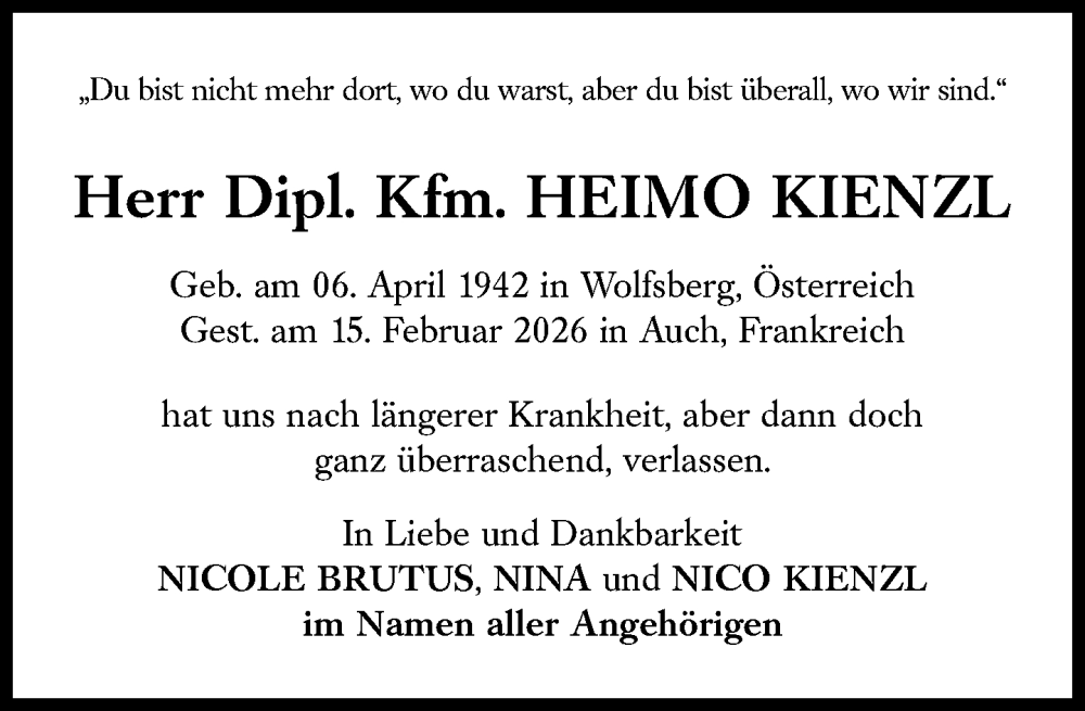  Traueranzeige für Heimo Kienzl vom 28.02.2026 aus Süddeutsche Zeitung