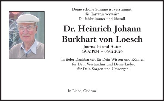 Traueranzeige von Heinrich Johann Burkhart von Loesch von Süddeutsche Zeitung