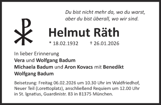 Traueranzeige von Helmut Räth von Süddeutsche Zeitung
