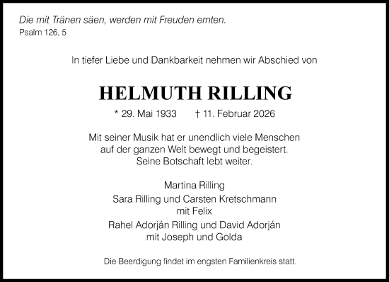 Traueranzeige von Helmuth Rilling von Süddeutsche Zeitung
