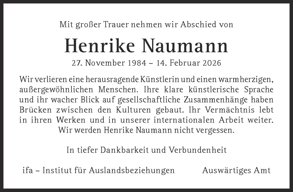  Traueranzeige für Henrike Naumann vom 28.02.2026 aus Süddeutsche Zeitung