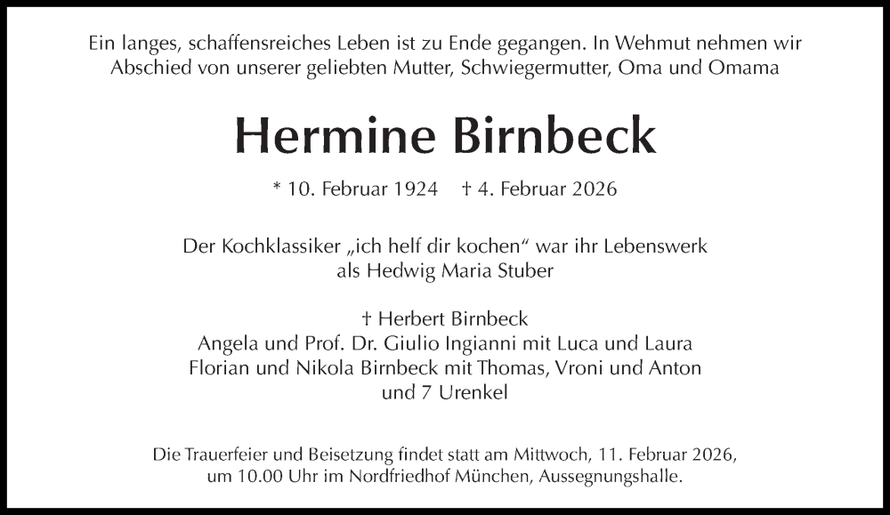  Traueranzeige für Hermine Birnbeck vom 07.02.2026 aus Süddeutsche Zeitung