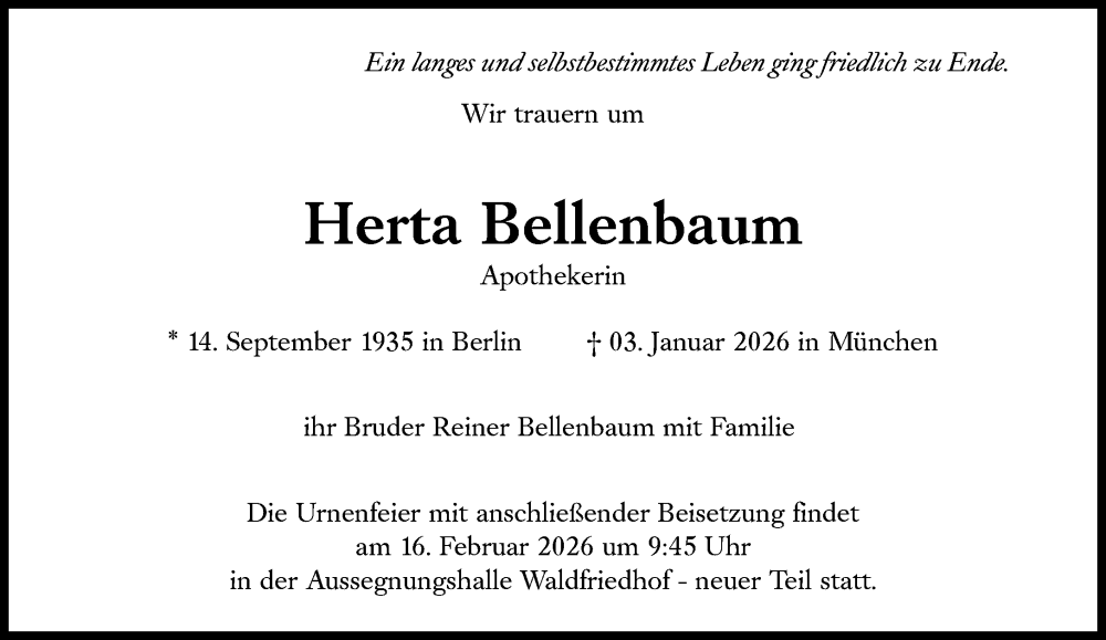  Traueranzeige für Herta Bellenbaum vom 07.02.2026 aus Süddeutsche Zeitung