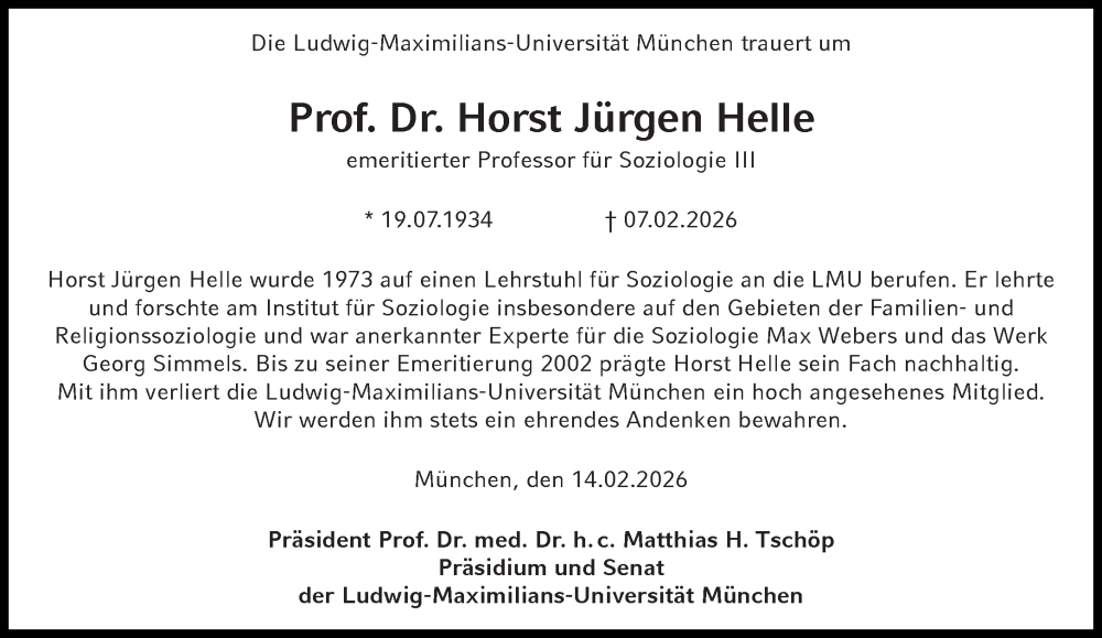  Traueranzeige für Horst Jürgen Helle vom 14.02.2026 aus Süddeutsche Zeitung