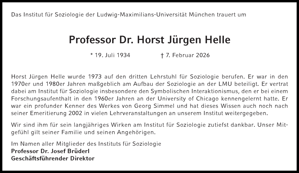  Traueranzeige für Horst Jürgen Helle vom 14.02.2026 aus Süddeutsche Zeitung