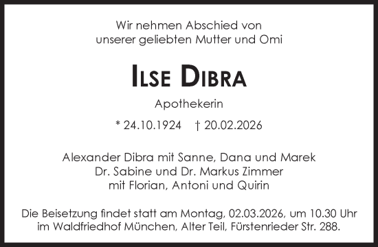 Traueranzeige von Ilse Dibra von Süddeutsche Zeitung