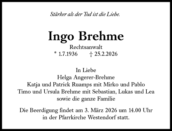 Traueranzeige von Ingo Brehme von Süddeutsche Zeitung